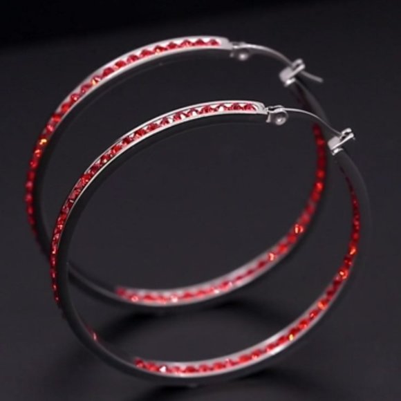 Bright Red Rhinestone Silver Hoop Earrings Big Sparkle Crystal Channel Hoops New - Picture 9 of 12